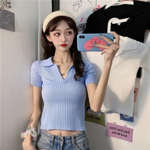 Woman Tshirts 2021 Summer Knitted Short Sleeve Womens Short Top Crop Top Mujer Camisetas