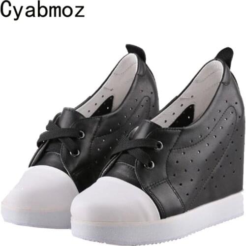 Cyabmoz Genuine Leather Hidden height increasing Shoes Woman Pumps Hollow Women Sexy High heels Breathable Ladies Party Shoes