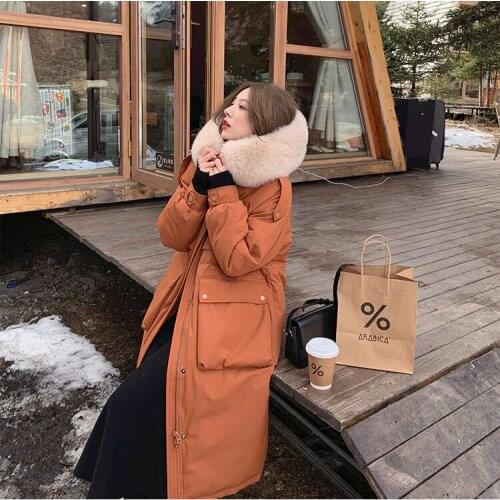 Women Long Oversize Down Jackets Female Thick Casual with Fur 2021 Winter Down Coats Ladies Hooded Solid Color Down Jackets Q204