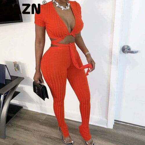 VAZN 2020 Hot Knit Set Novelty Sexy Club Young Open Solid Short Sleeve Bandage Top Long Pants Slim Waist Braid Women 2 Piece Set
