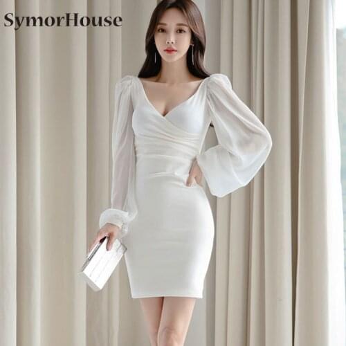 Spring autumn 2021 fashion new White Party Dress Sexy v-neck Lantern Sleeve Slim Night Club Pencil dresses women