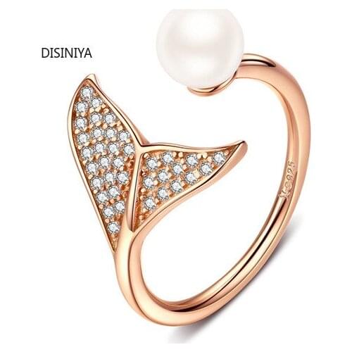 DISINIYA 100% 925 Sterling Silver Female Mermaid Tail Adjustable Finger Rings for Women Wedding Engagement Jewelry S925