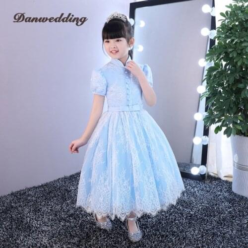 Elegant Princess Pageant Evening Dress Lace Short Sleeve First Communion Dress For Girls Short Flowers Girl Dress For Wedding