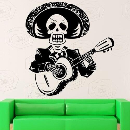 Art Design Creative Skull Man Play The Guitar Wall Sticker Mexico Mariachi With Sombrero Vinyl Wall Mural Home Special Decor 223