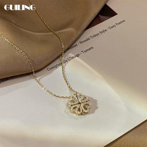 Dainty Romantic Rhinestone Alloy Four Clover Heart Pendant Charm Necklace for Women Valentine Day Birthday Gift Crystal Jewelry