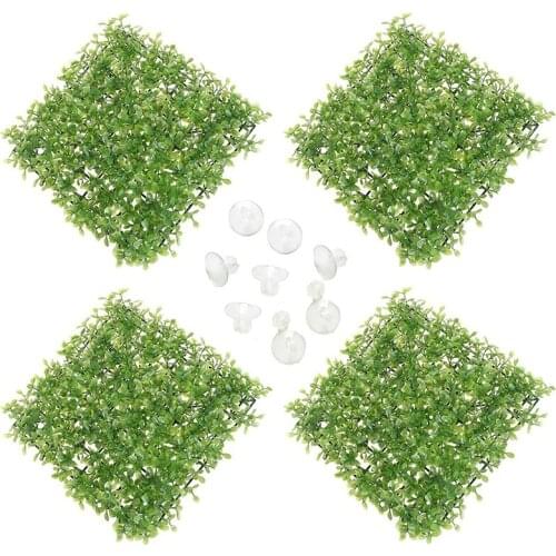 4 Pieces of Artificial Grass Mats for Aquarium Plastic Lawn Green Plants, 16 Pieces of Suction Cups