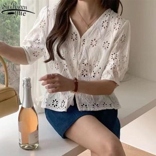 Summer 2021 V-neck White Blouse Buckle Small Sweet Short-sleeved Shirt Womens Hollow Embroidery New Fairy Blusas Mujer 14243