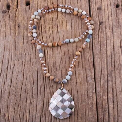RH Fashion Bohemian Jewelry Accessory 8mm Stone Knotted Mosaic Shel Drop Pendant Boho Necklaces For Women Gift Dropship