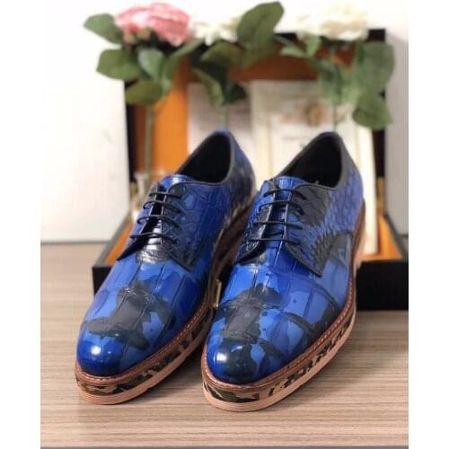 2018 Genuine real genuine crocodile belly skin men business shoe Camouflage blue color top quality fast free shipping