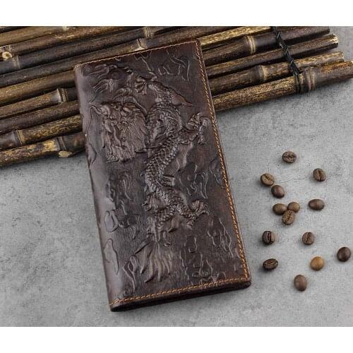 Mens wallet 2020 zipper leather casual retro trend long simple 3D Chinese dragon pattern card bag wallet long wallet