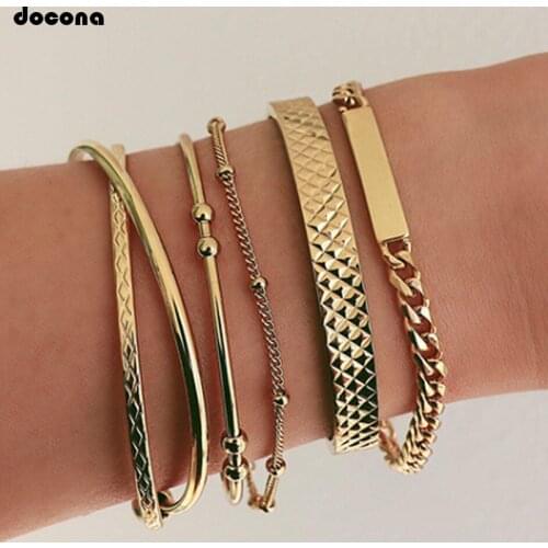 Docona Punk Gold Geometric Multilayer Bracelet Set for Women Girl Opening Adjustable Bracelet Set 5pcs/set Party Jewelry 8981