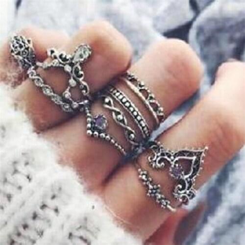 Ahmed Fashion VIntage 10pcs/Set Purple Rhinestone Silver Ring Set for Women New Boho Wholesale Retro Jewelry Gifts