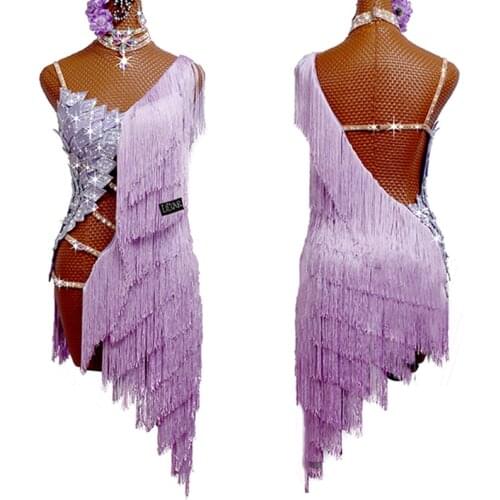 Latin Dance Dress Women Sexy Hollow Rhinestone Dance Costume Purple Fringe Dress Latin Competition Clothes Cha Cha Samba BL6888
