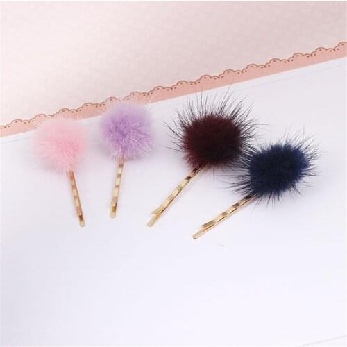 Pack of 2 Mink Fur Mini Pom Poms Hair Pins for Girls Hair Accessories Soft Fluffy Genuine Mink Fur Children Hair Clips
