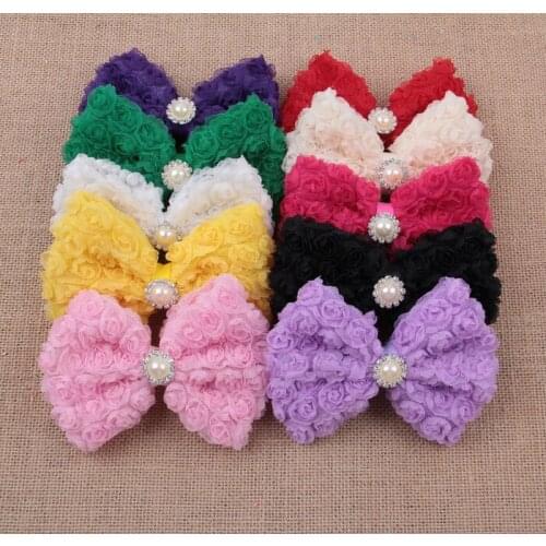 Yundfly 20pcs Big Lace Chiffon Rose Hair Bows With Pearl Rhinestone Center For Girls Women DIY Hair Accessories