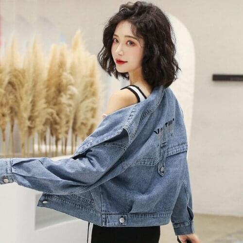 Blue Single-breasted Denim Jacket Womans Spring Autumn Korean Style Casual Loose Fashion Short Top With Letter Embroidery Tops