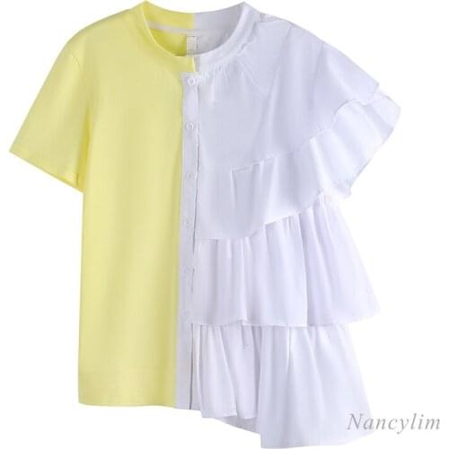 Ruffled Stitching Contrast Color Short Sleeve Loose T-shirt for Woman 2021 Summer Clothing New Design Ladies Tops Ropa Mujer