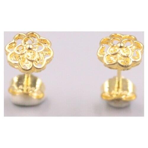 Pure 18K Yellow Gold Earrings Women Gift Lucky Special Hollow Flower Stud Earrings / 1.4g / 16*8mm