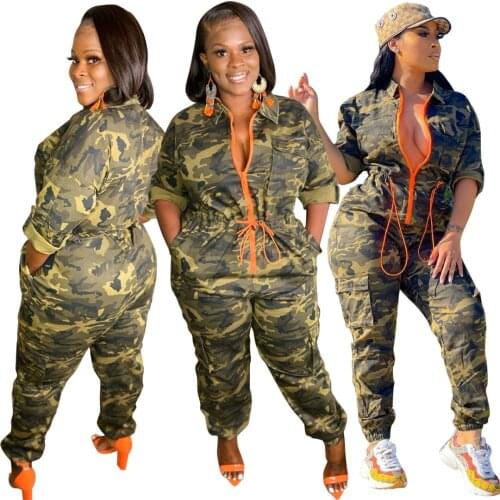 Echoine Women Sexy Camouflage zipper Collect waist Bodycon Jumpsuit pocket Overalls Rompers 2021 Summer bodysuit Plus size