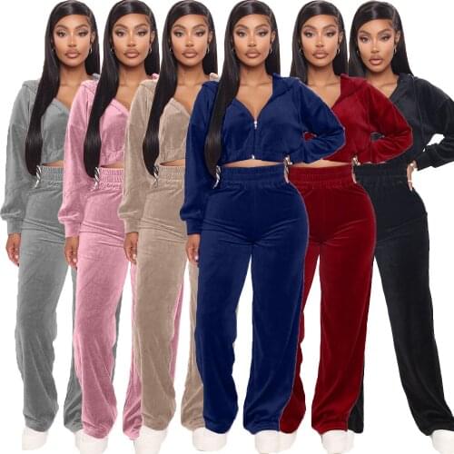 Autumn Winter Women Two Piece Set Outdoor Casual Loose Sports Solid Color Velvet Hooded Top+Pants Tracksuit Sweatsuit Outfits