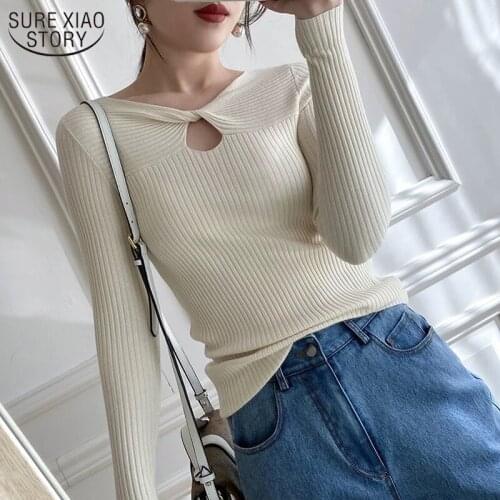 Womens Sweater Spring and Autumn New Twist Hollow V-neck Solid Slim Sexy Womens Knitwear Long Sleeve Pullover Women 10820