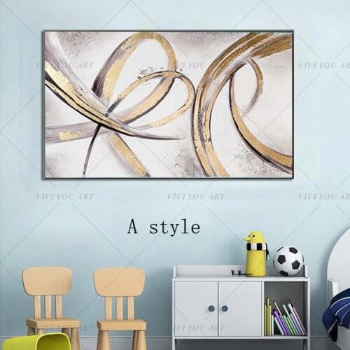 100% hand Painted Abstract Golden Lline Canvas Painting White Gray Poster Modern Wall Picture Living Room Luxury Wall Art