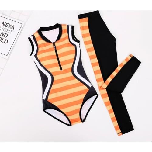 2021 Newest Women Sport Swimsuit Vintage Swimwear With Long Pants Padded Sexy Surfing Suit Beach Wear Stripped Zipper SportsWear
