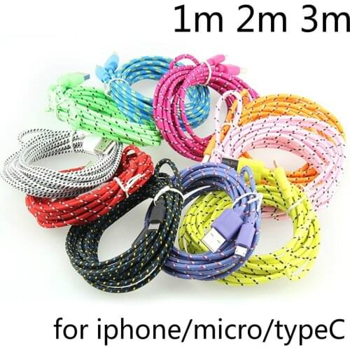 500pcs/lot 1m 2m 3m Micro USB Strong Round Braided Data Sync Charger Cable 5pin v8 For Android 8pin for iphone/typeC usbc cable