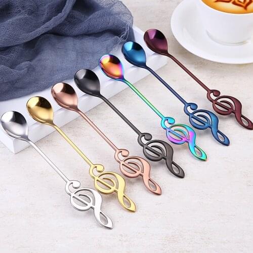 7pcs/Lot Spoons 304 Stainless Steel Musical Note Milk Coffee Tea Stirring Spoon Set Sugar Ice Cream Mug Dessert Spoon Tableware