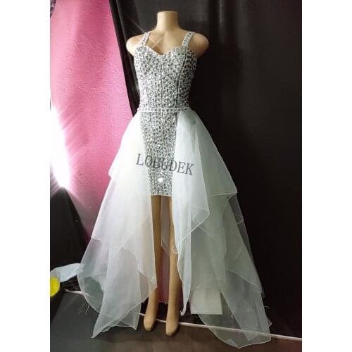 Sparkly Rhinestones Sling Dress White Mesh Tail Outfit Women Singer Host Stage Performance Short Dress Birthday Crystal Dresses