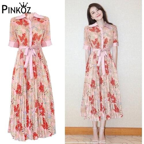 Pinkoz designer celebrity style red floral kleid lace up sashes high waist short sleeve French elegant office lady causal dress