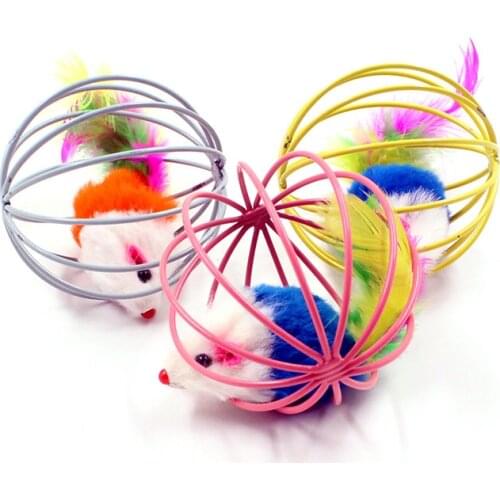 Pet Interactive Cat Toy Colorful Cat Teaser Stick Feather Mouse Cage Bell Ball Simulation Pet Plush Toys Random Color Funny Tool