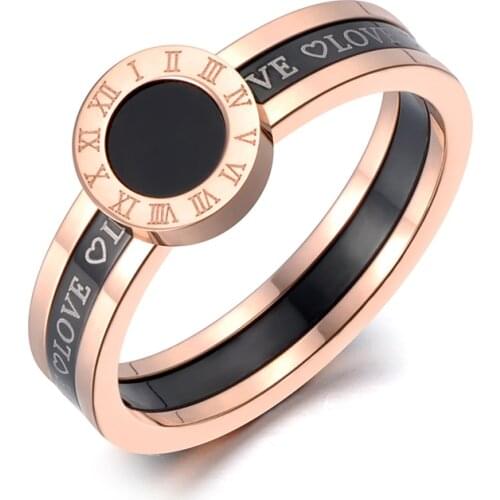 Black Acrylic Love Roman Numerals Wedding Rings For Women Rose Gold Titanium Stainless Steel Ring Jewelry R19060