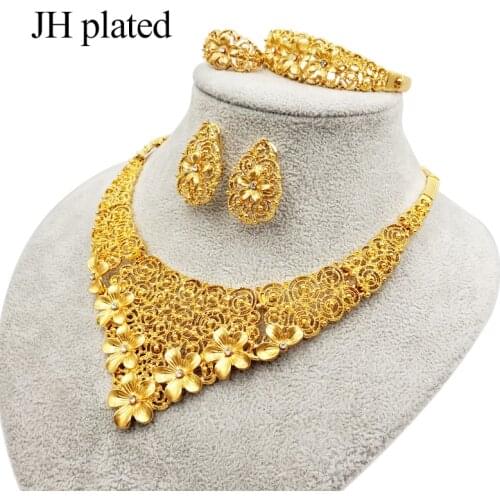 Dubai gold jewelry sets African bridal wedding gifts for women Saudi Arab Necklace Bracelet earrings ring set collares jewellery
