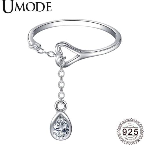 UMODE 925 Sterling Silver Hollow Heart Adjustable Open Rings for Women Water Drop Zircon Diamond 925 Chains Jewelry ALR0742