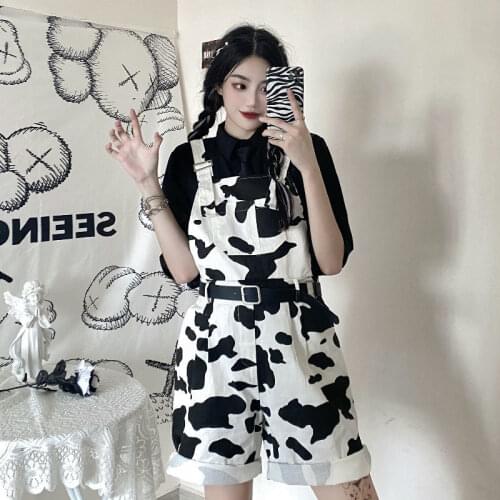 Summer Cow Print Playsuits Women Harajuke Loose Straight Rompers Shorts Overalls Casual High Waist Wide-leg Pants Female