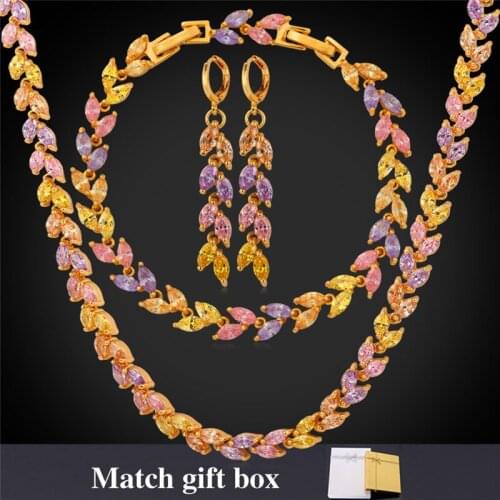 Luxury Jewelry Sets For Women Gold Color Cubic Zircon Color Crystal Necklace Bracelet Earrings Set NEH5235