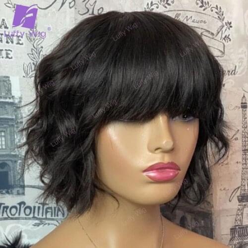 Short Bob Wig With Bangs Brazilian Remy Human Hair Machine Made Bob Wigs Water Wave Glueless For Black Women 200 Density LUFFY