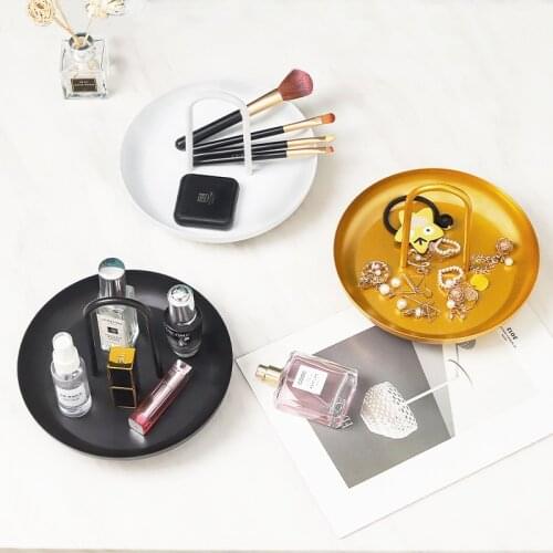 Nordic Golden Round Jewelry Tray Living Room Kitchen Table Metal Fruit Trays Storage Tray with Handle Home Decor