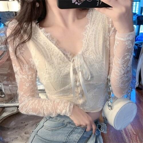 Lace blouse Sexy v-neck lace bottoming shirt spring and autumn womens new style puff sleeve long-sleeved slim short tops