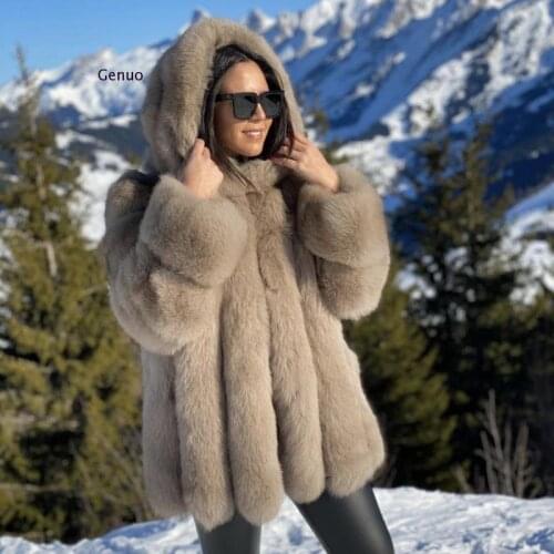 Hooded Fur Jacket Women Fluffy Plush Faux Fox Fur Jacket Plus Size Luxury Ladies Fake Fur Outerwear High Quality Abrigo Mujer