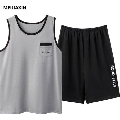 Summer Pajama Knitted Cotton Men Sleepwear Vest Pajamas Set Sleeveless Round Neck Loose Soft Plus Size L-4XL Mens Clothing Home
