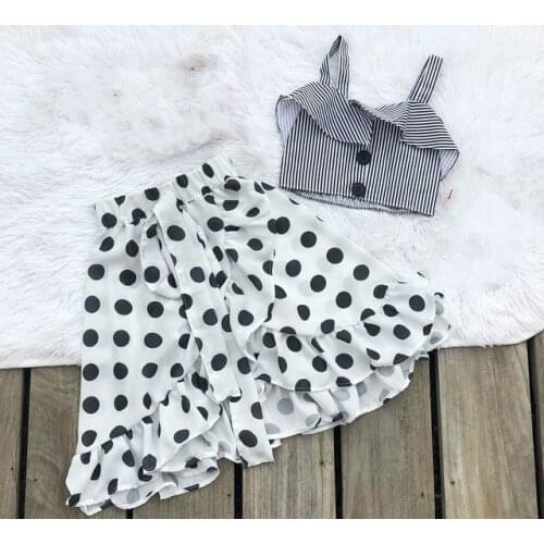 0-5YY Summer Holiday Infant Baby Girls Clothes Striped Button Sleeveless Vest Tops+Polka Dot Ruffles A-Line Skirts