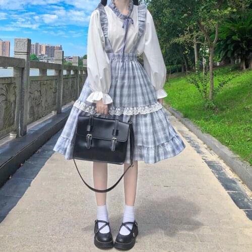 Sweet Womens Plaid 2 Pcs Set: Plaid Suspender Skirt Overalls + Lantern Sleeve White Shirt Blouse Lace Trim Elegant Fall Skirt