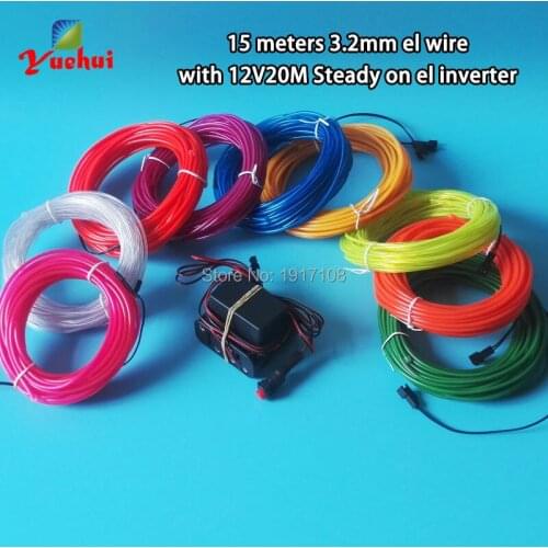 Fashion 3.2mm 15Meter 10 Colors optional Energy saving EL wire rope cable Neon glow light Powered by DC12V Party decoration
