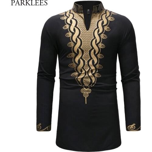 Mens Black Hipster Stand Collar Longline Shirt 2018 Fashion African Dashiki Print Long Sleeve Men Dress Shirt African Clothes