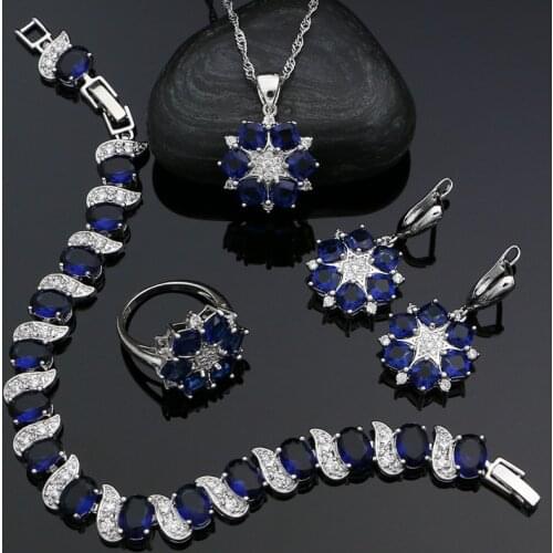 925 Sterling Silver Jewelry Sets Blue Stones White Cubic Zirconia for Women Wedding Earrings Pendant Ring Bracelet Necklace Kit