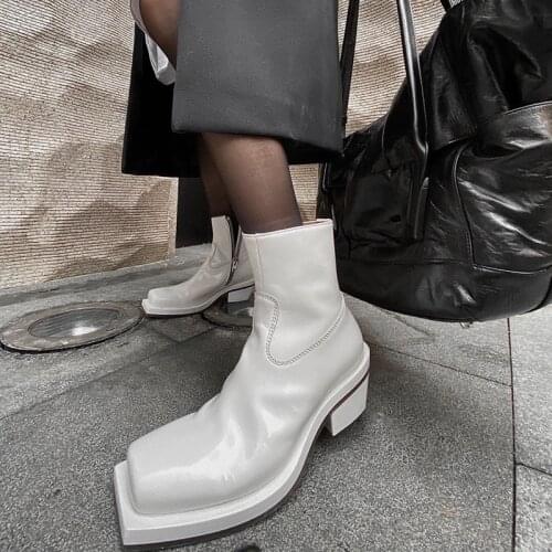 Autumn Fashion Ankle Boots For Women Square Toe Zip High Heels Winter Shoes Women White Leather Botas Mujer 2020 Zapatos Mujer