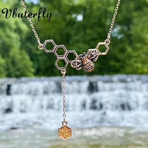 Silver-plated Bee Hive with Honey Bee Lariat Y Necklace Dainty Jewelry for Mothers Day 41*47mm Crystal Bee Necklaces Honeycomb