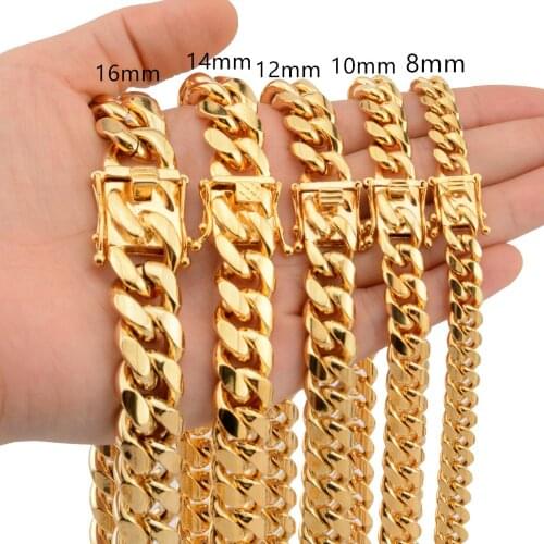 Granny Chic 8/10/12/14/16/18mm Gold Stainless Steel Miami Curb Cuban Chain Necklaces Casting Dragon Lock Clasp Mens Rock jewelry